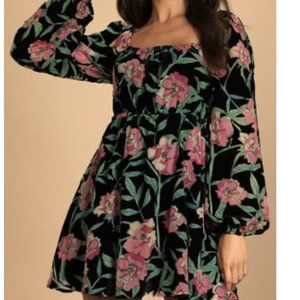 Blissful Garden Black Floral Print Burnout Velvet Babydoll Dress